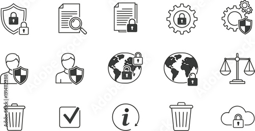 Cyber Security and Data Protection Line Icon Set with Shield Lock, Secure Documents, User Privacy and Cloud Safety Symbols