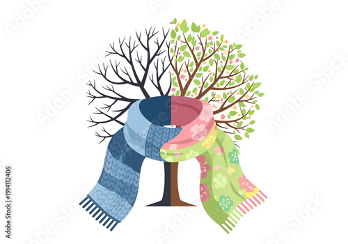 Tree Depicting Four Seasons With Scarf Symbolizing Transition Between Winter Spring Summer Autumn Change Cycle Nature