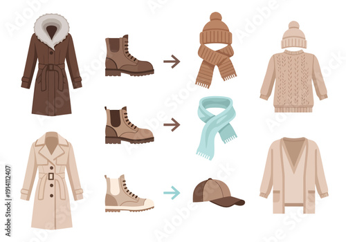 Winter Fashion Outfits Flat Lay Including Coats Boots Scarves Hats Sweaters and Cardigans for Cold Weather Style