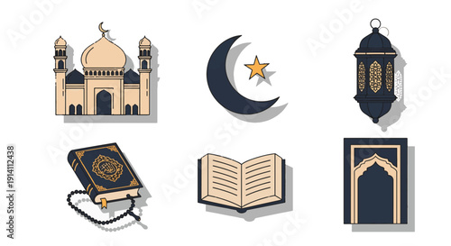 Collection of flat design Islamic icons celebrating holy religious observance