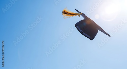 Graduation Cap Tossed in the Air Against a Bright Blue Sky