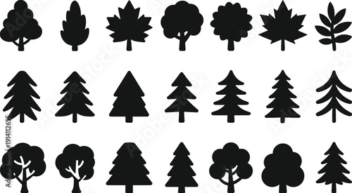 Black tree silhouettes vector set, forest icon collection, pine oak maple shapes isolated minimalist nature clipart bundle pack