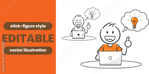 Stick Figure Man Working on Laptop Having Idea  Doodle Vector Illustration of Eureka Moment
