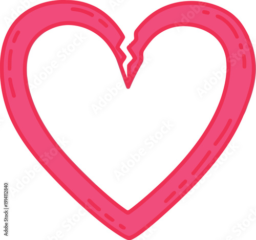 Broken pink heart outline vector illustration symbolizing heartbreak and emotional sadness