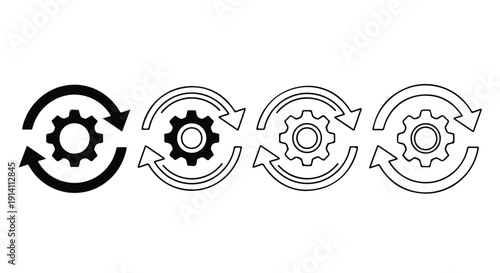 Vector black gear and circular arrows icon set, representing refresh, update, or process, isolated on transparent background for UI design.