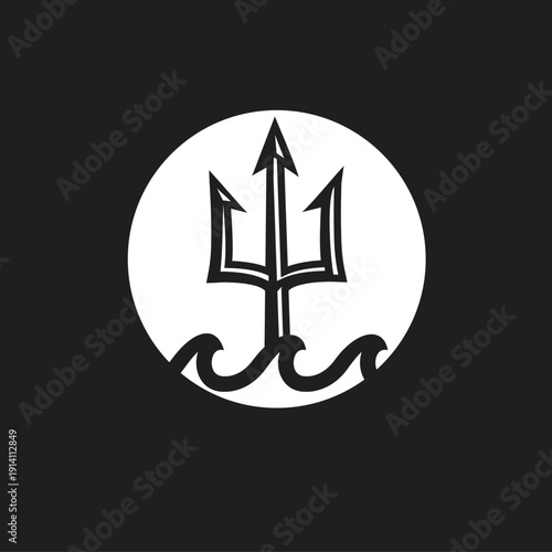 Trident and Waves Logo Design in Black and White Circle