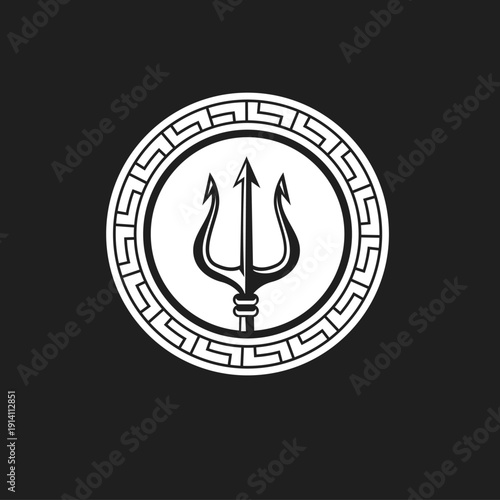 Trident Symbol in Classic Greek Meander Pattern Circular Emblem