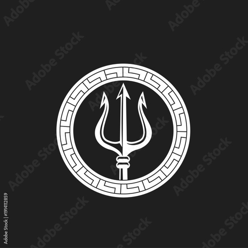 White Trident Symbol in Circular Greek Key Pattern on Black Background
