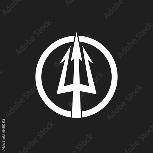 Minimalist White Trident Symbol Logo in Circle on Black Background - Mythology and Power Icon