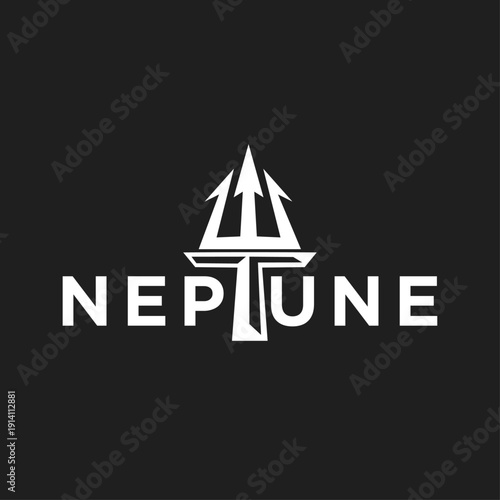 Neptune Trident Logo Design with Stylized Lettering on Black Background