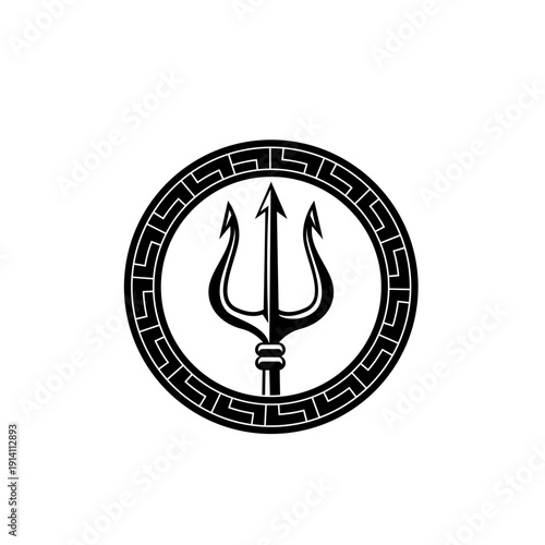 Black Trident Symbol in Greek Meander Circle Frame - Ancient Mythology Icon