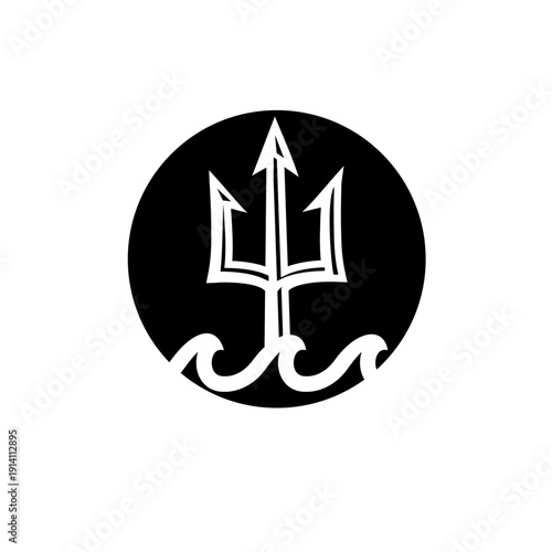 White Trident and Stylized Waves in Black Circle Icon Symbolizing Ocean and Mythology