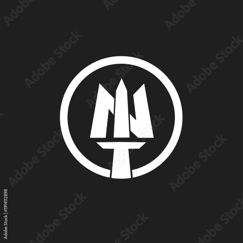 White Stylized Trident Icon in Circle Logo Design on Black Background