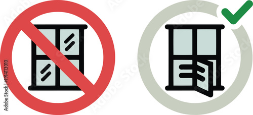 Simple colored icons illustrating a closed window prohibited and an open window for proper room ventilation