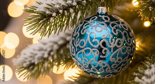 Blue Christmas Ornament on Snowy Pine with Bokeh Background