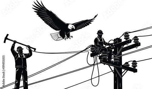 Black vector silhouette of electrical lineworkers repairing power lines on a utility pole with a bald eagle flying above for industrial energy and wildlife branding