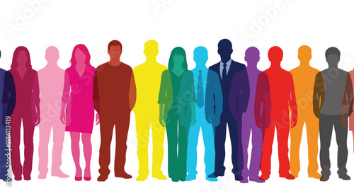 Vector illustration of diverse multi-ethnic people silhouettes in vibrant rainbow colors, representing community, equality, and inclusion, isolated on a white background.