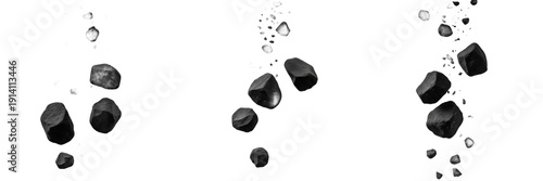 Falling Charcoal Chunks and Black Coal Pieces with Water Splashes and Bubbles Isolated on White Background