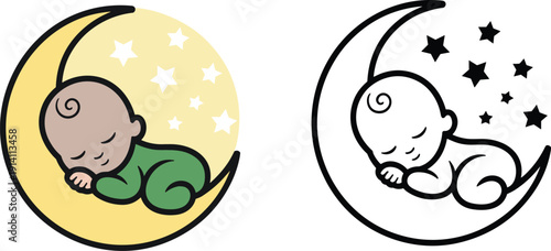 Peaceful sleeping baby curled on crescent moon, serene night sky illustration, bedtime nursery art, cute infant dream scene, stars, calm relaxation theme