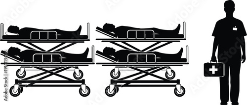 Black vector silhouette of medical staff with a first aid kit standing by patients on gurneys for emergency healthcare hospital clinic and nursing branding