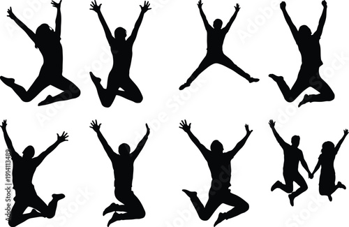 Diverse group of people jumping for joy, celebrating success and freedom with raised arms and energetic poses.