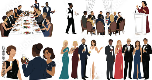 Formal Gala Dinner and Corporate Event Illustration Set with Guests, Banquet Table, Speech Podium and Celebration Party Scenes