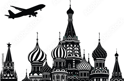 Black vector silhouette of Saint Basils Cathedral in Moscow with a commercial airplane flying above for Russian travel tourism historical landmark and aviation branding,