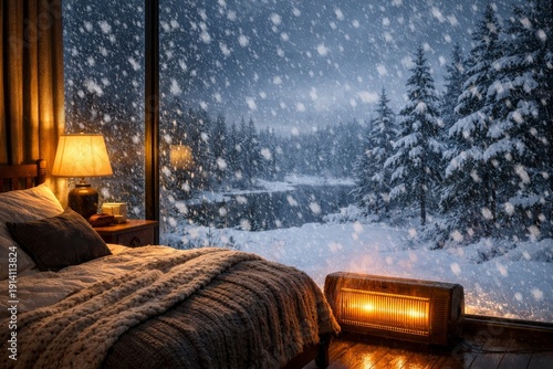 A cozy winter bedroom with heater, lamp and a bed placed near a large clear glass wall, seeing heavy snow is falling outside, small lake and snow covred pine tree forest.
