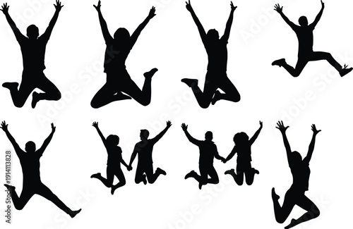 Silhouettes of people jumping joyfully, including couples holding hands, expressing happiness, togetherness, and active lifestyles.
