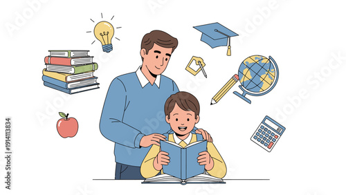 Illustration of a man helping a child with a book surrounded by education icons.
