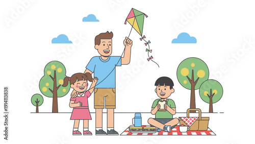 A man flying a kite with two children in a park on a sunny day with green trees and blue clouds.