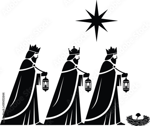 Black vector silhouette of the three wise men kings following the Bethlehem star with lanterns for Christmas nativity religious holiday and Christian spiritual branding,
