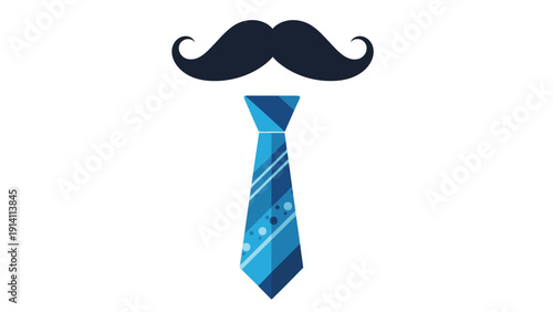 A minimalist graphic illustration of a blue tie with a dark mustache on a white background, conveying a playful business concept with a touch of whimsy.