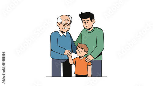 Illustration of a smiling elderly man and young man standing with a small boy in an orange shirt against a clean white background with a heartwarming family mood.