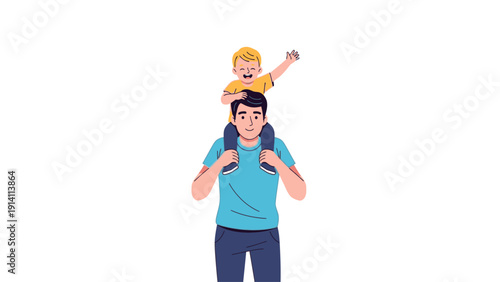 A man in a blue shirt carrying a young child on his shoulders against a plain white background with a playful mood.