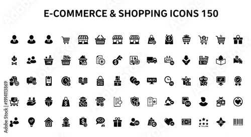 Vector set of 150 e-commerce and shopping icons in solid black, including user profiles, shopping carts, store fronts, delivery trucks, and payment methods, isolated on white background.