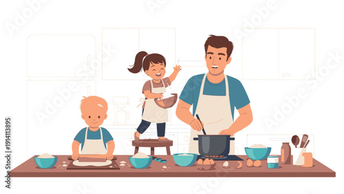 Illustration of a man and two children baking together in a kitchen with mixing bowls and utensils on a wooden counter.