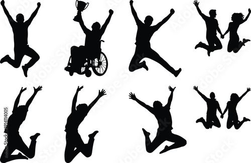 Diverse group of people celebrating success, jumping with joy, including a person in a wheelchair with a trophy.