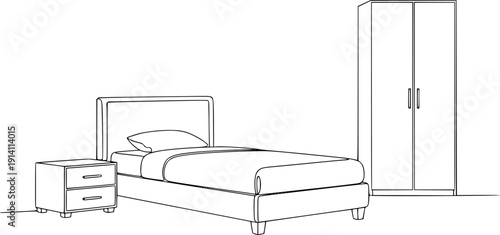 Minimalist continuous line drawing of bedroom furniture including bed, clothes rack, and nightstand, modern interior design vector.