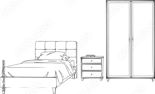 Minimalist continuous line drawing of bedroom furniture including bed, clothes rack, and nightstand, modern interior design vector.