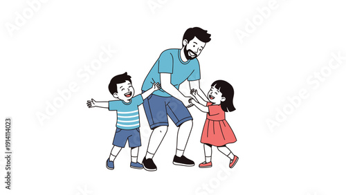 Illustration of a man walking with two children, a boy and a girl, in a playful stance on a white background.
