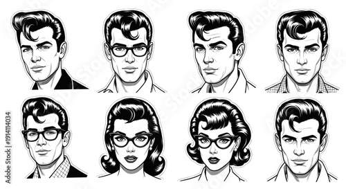 A captivating collection of retro-inspired male and female portraits, showcasing various hairstyles and eyewear in a classic comic book art style.