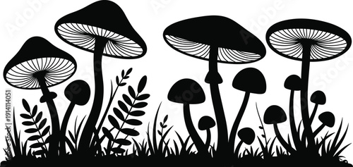 Black vector silhouette of various wild mushrooms fungi and forest plants growing in grass for nature landscape autumn season organic gardening and botanical branding,