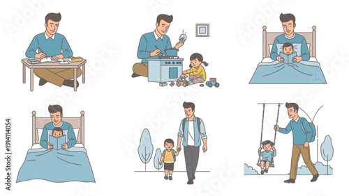 Illustration of a father engaging in various daily activities with his children, showcasing parenting moments in a flat, cartoon style with a clean white background and a mix of blue,