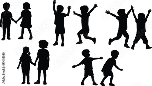 Kids silhouettes vector collection, happy children poses set, playing jumping friends isolated, boy girl clipart bundle pack design