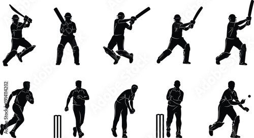 Cricket Players Silhouette Collection, Batsman Batting and Bowler Bowling Action Poses, Isolated Black Vector Illustration on White Background