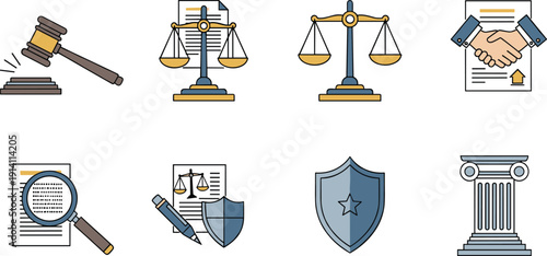 Law and Justice Icon Set with Judge Gavel, Legal Scales, Contract Agreement, Shield Protection and Court Column Illustration