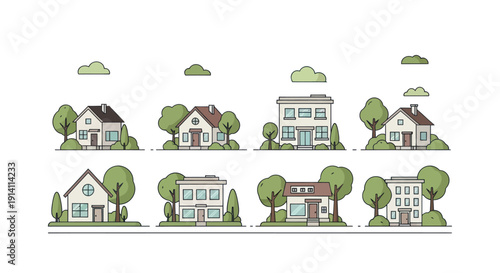 Set of cartoon houses with trees and clouds, flat design, isolated on white background