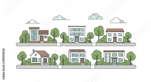 Modern suburban houses with trees and clouds, flat design vector illustration