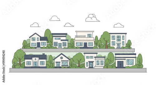 Modern Suburban Neighborhood with Diverse Houses and Lush Green Trees